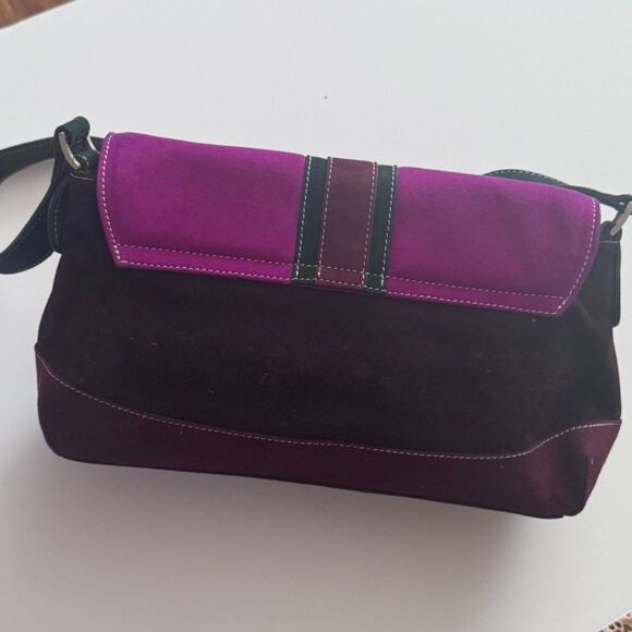 Vintage Coach Inlaid C Brooke Shoulder Bag Plum Purple  Y2K Lorbac Colorblock Suede Shoulder Bag Purple Brown Magenta Vintage